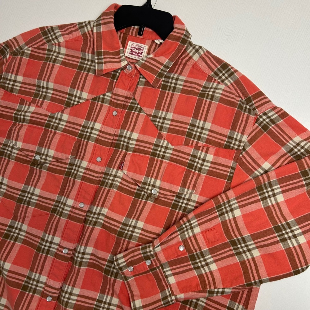 Levis Mens Pink Brown Plaid Long Sleeve Western Snap Front Shirt XL A3373-0000